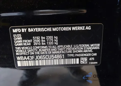 2025 BMW 530I from USA, damaged, VIN WBA43FJ06SCU54861